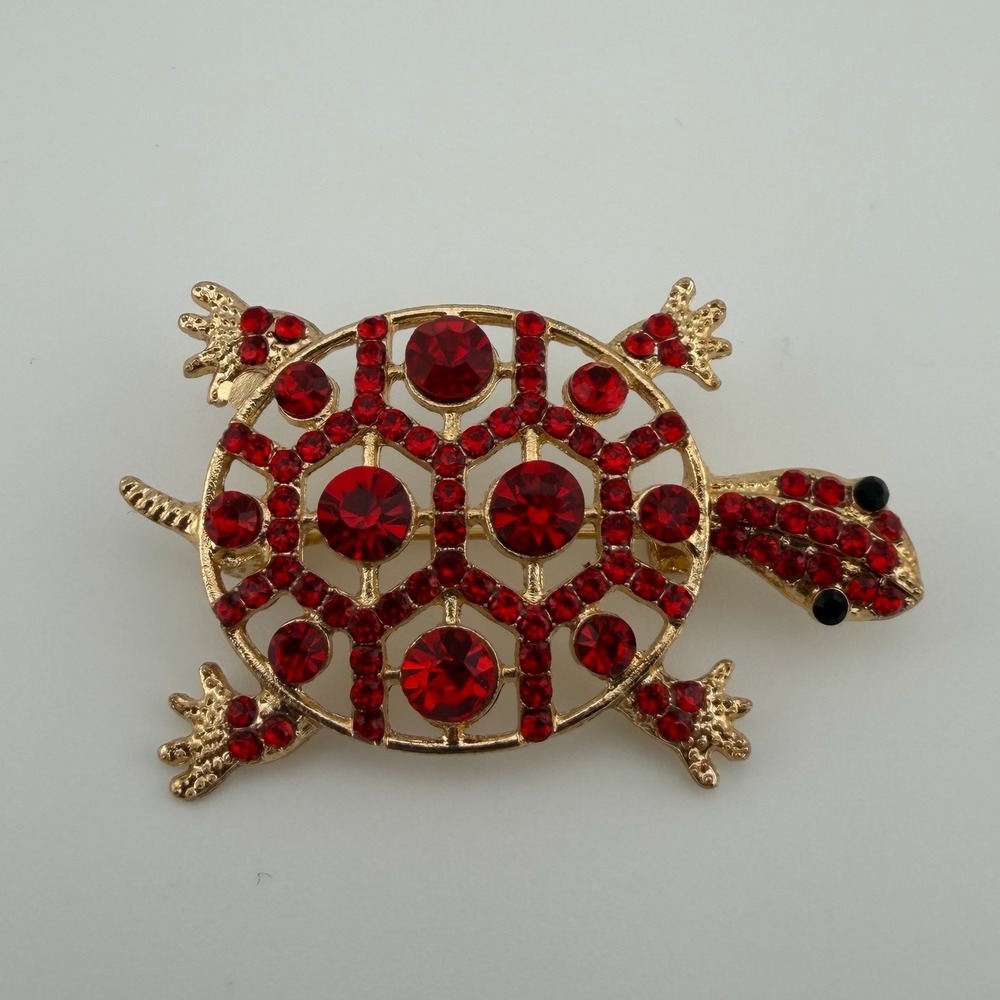 Red & Gold Tone Rhinestone Turtle Animal Brooch Pin